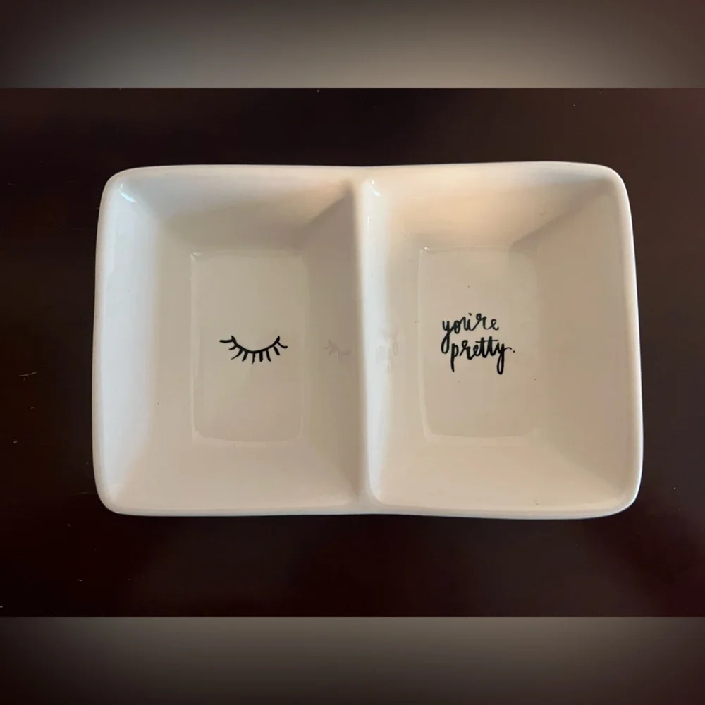 Rae Dunn You're Pretty White Ceramic Dual Section Dish